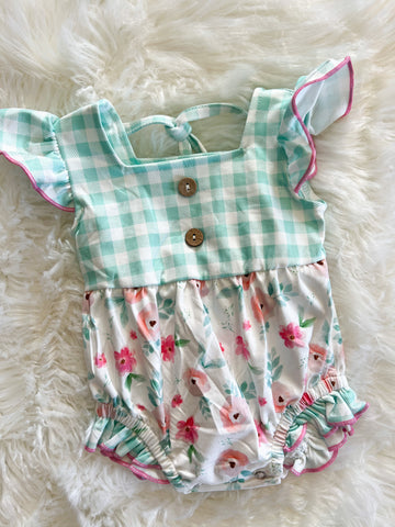 SNS Turquoise Checkered/Floral Bubble Romper